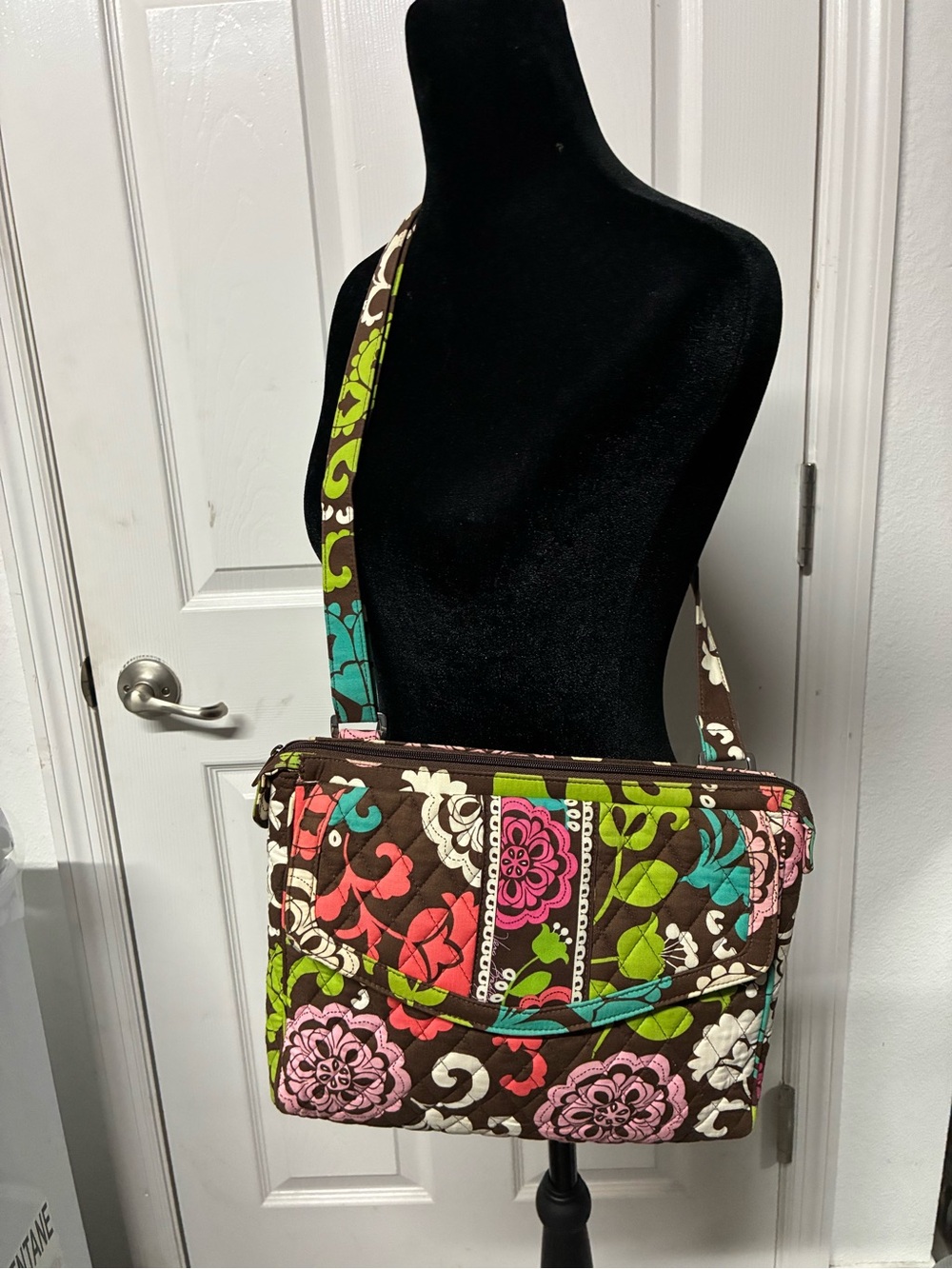 Quilted Floral Crossbody Bag in Brown with Pink & Green Accents